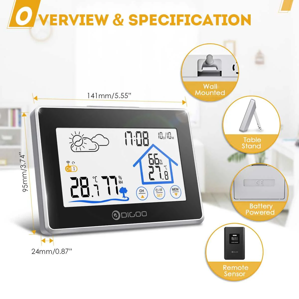 Digoo, DG-TH8380, цветной экран, метеостанция, термометр, гигрометр, измеритель, датчик погоды, для помещений и улицы, датчик, будильник
