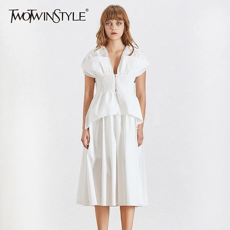 TWOTWINSTYLE летнее тонкое длинное платье для женщин с отворотом короткий рукав