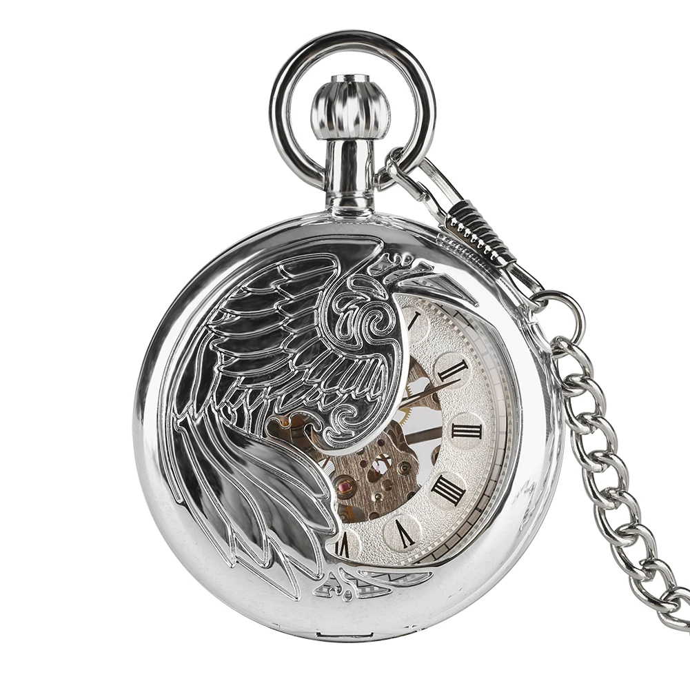 Bronze Silver Phoenix Mechanical Hand Wind Pocket Watch Half Hunter Hollow Skeleton Watch Pendant Fob Chain Clock Hours Gifts