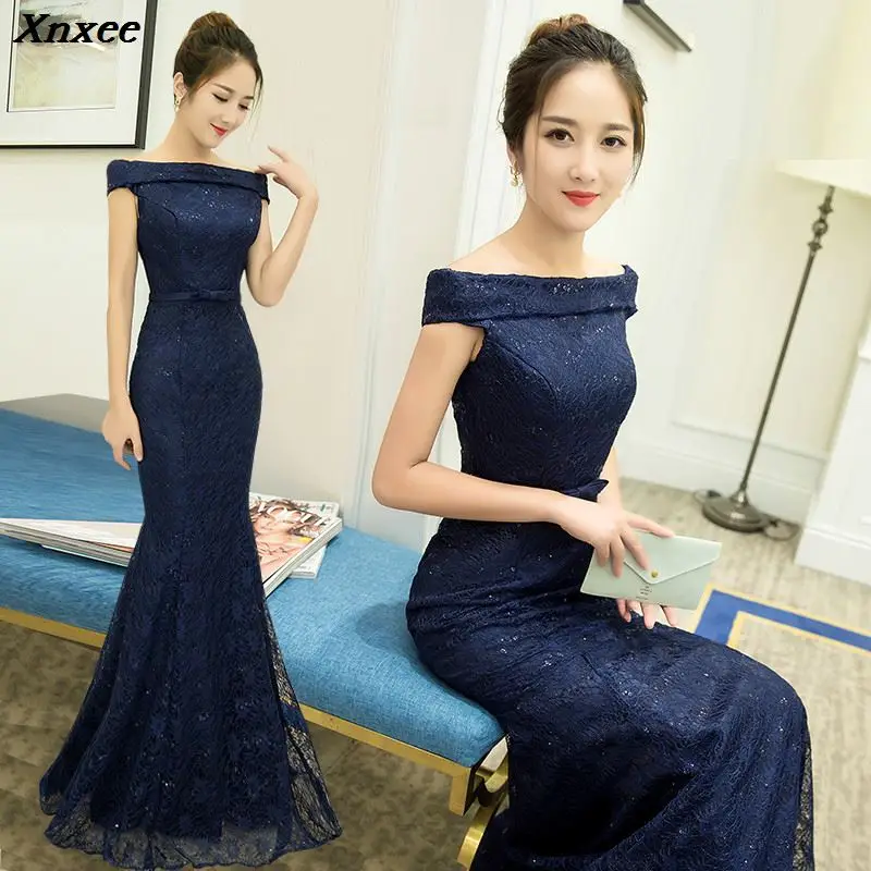 

Lace Slash neck Mermaid 2020 Women's elegant long gown party proms for gratuating date ceremony gala evenings dresses up Xnxee