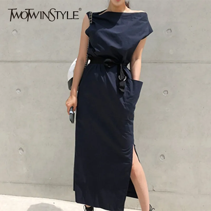 TWOTWINSTYLE платье с открытыми плечами и вырезом лодочкой для женщин, с высокой талией, с разрезом по бокам, длинные женские платья, корейская мода, Новинка лета