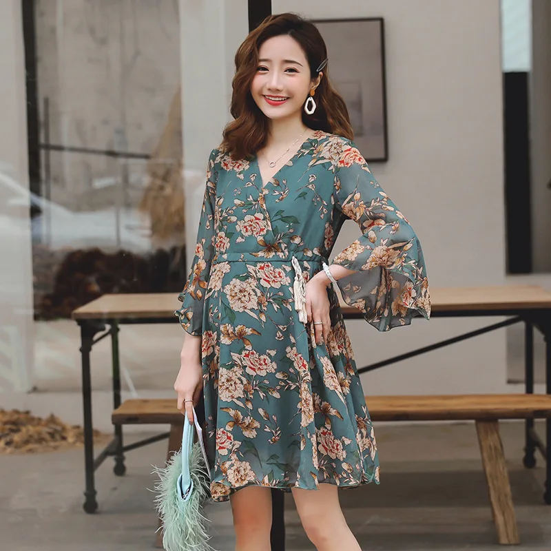 Платье для беременных из шифона с принтом летняя одежда треугольным вырезом 2019 |