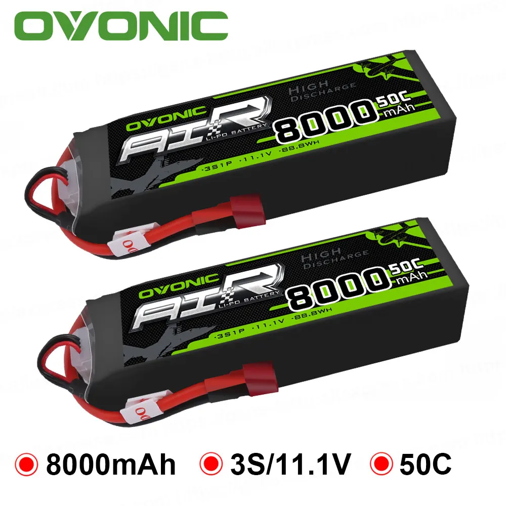 

2 упаковки аккумуляторов OVONIC 11,1 В 8000 мА · ч 50C Lipo 3S, разъем Deans для радиоуправляемого автомобиля, грузовика, квадроцикла, вертолета, дрона, лодк...