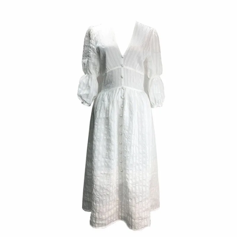 SISPELL Vintage Solid Dress For Women V Neck Puff Sleeve High Waist Slim Midi Summer A Line Dresses Female Fashion New Tide 2019 | Женская