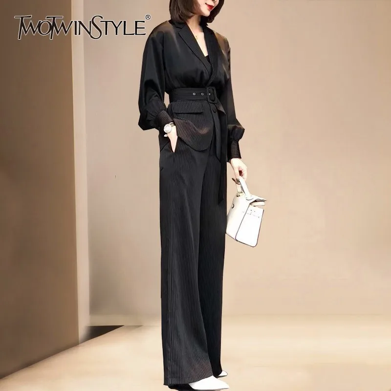 TWOTWINSTYLE полосатый Женский костюм с отворотом длинный рукав тонкое пальто высокой