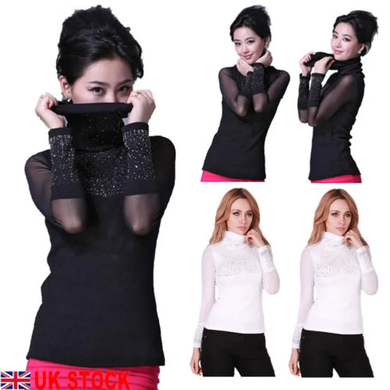 2019 New Brand Fashion UK Women's Sexy Rhinestone Turtle Neck Sweater Long Sleeve Slim Oversize | Женская одежда