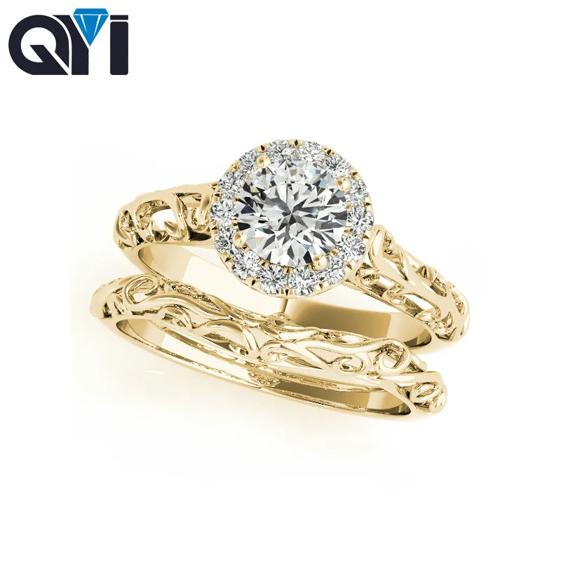 QYI 14K Solid Yellow Gold Ring Set Women Engagement Round Cut 0.5 Ct Moissanite Diamond Jewelry Women Wedding Ring