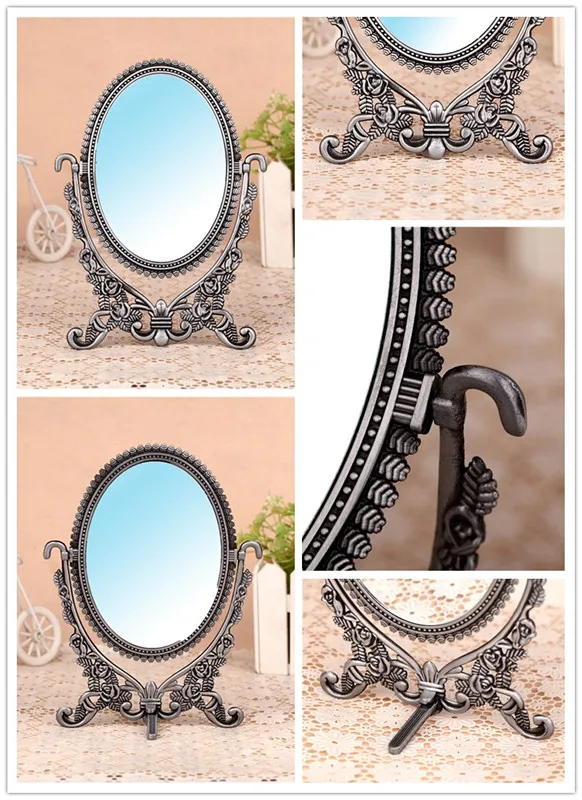 double-face retro bronze copper foldable alloy metal table makeup dresser desktop cosmetic decorative mirror embossed frame |