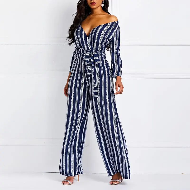 Women Jumpsuits Sexy Club Party Elegant Blue Summer OL Ladies Slim Wide Legs High Waist Stripe Lace Up Casual Female Rompers | Женская