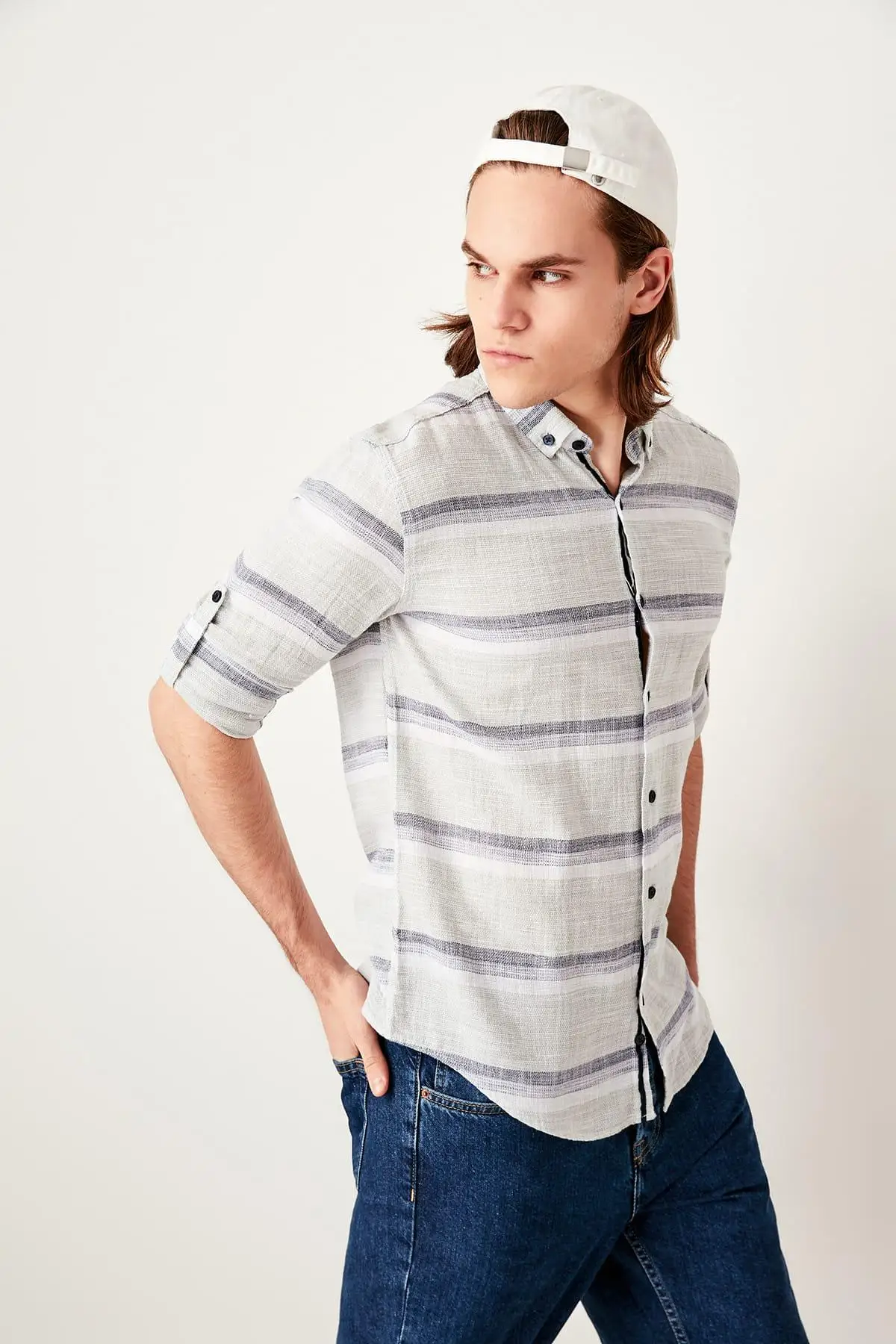 Trendyol хаки мужская полосатая погоны Кнопка Воротник Slim Fit рубашка TMNSS19RS0031 |