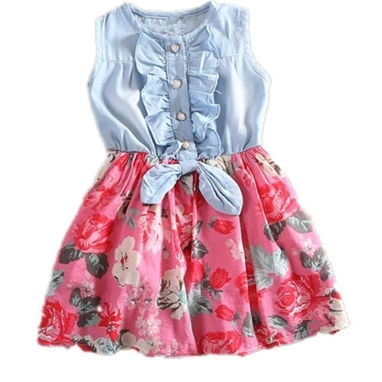 Girls Dress 2019 Summer New Clothing Cotton Denim Children's Flower Splice Princess Print | Детская одежда и обувь