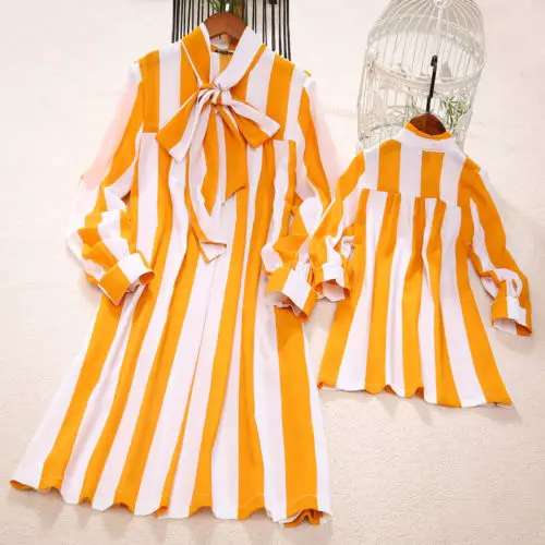 2019 Brand Mother Daughter Matching Party Dresses New Fashion Spring Autumn Women Girl Bowtie Stripe Dress Family Clothes Outfit | Мать и