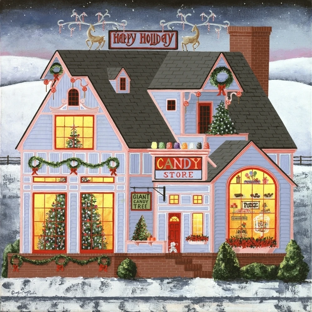 Рождественская деревня The Candy постер для магазина печать от Art Poulin (12x12)|Таблички и