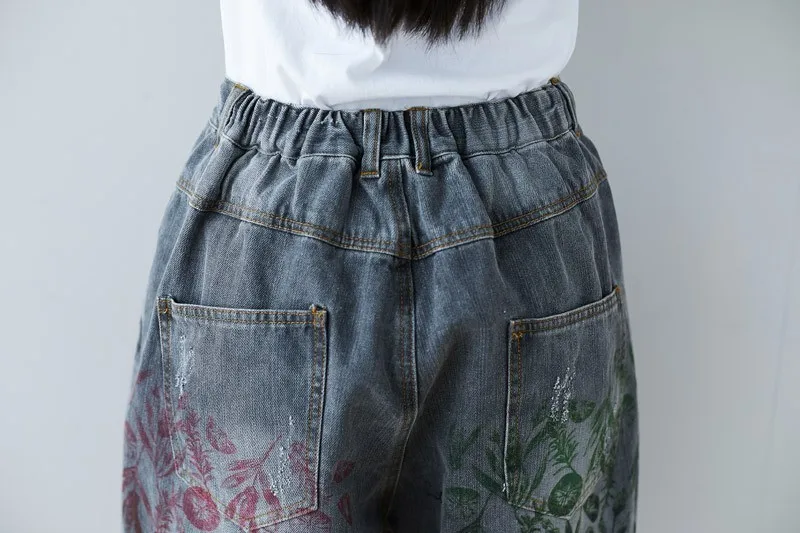 

Elastic waist Knee-length Cargo Jeans Wide Leg denim short pants Women boyfriend Printed Denim Trousers baggy jogger Pantalon