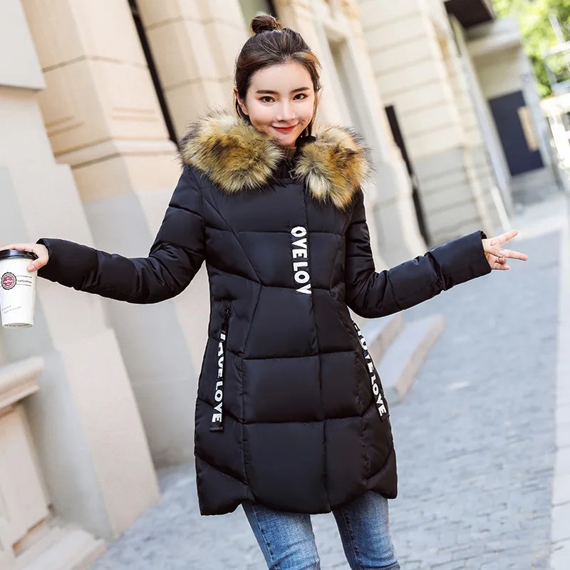 

2019 New Winter Feather Down Female Medium Long Korean Edition Big Code Body Repair Thickening Wool Collar Cotton Jacket