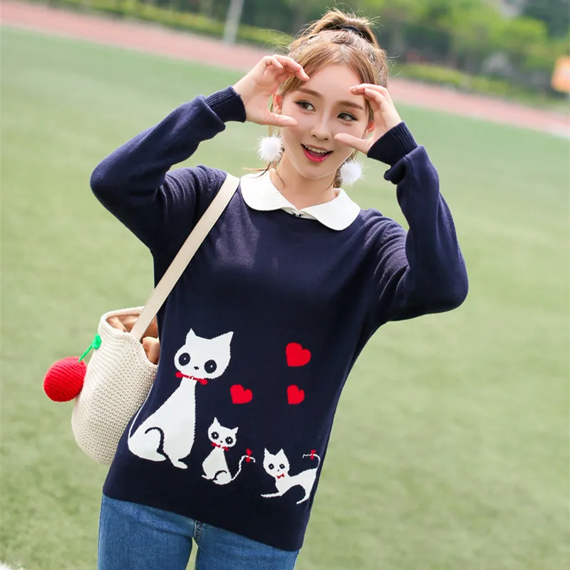 Japanese Cartoon Cat Patterned Mori Girl Navy Blue Knitted Sweater Pullover Tops | Женская одежда