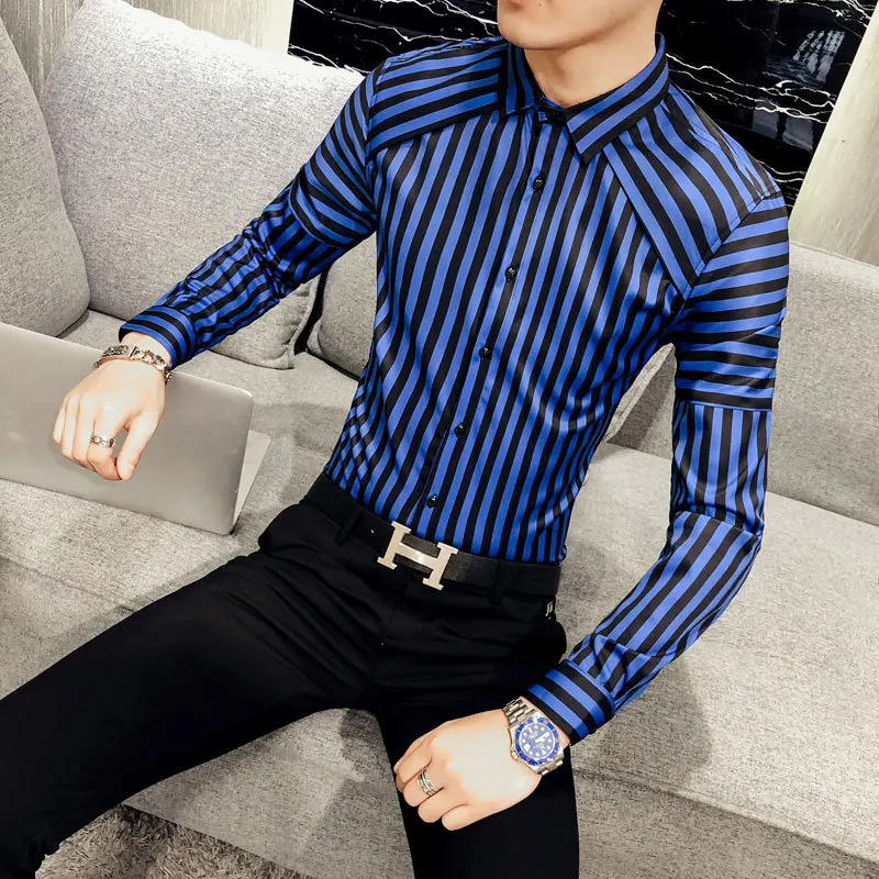 Новая модная британская полосатая Мужская рубашка с длинными рукавами Camisa Masculina