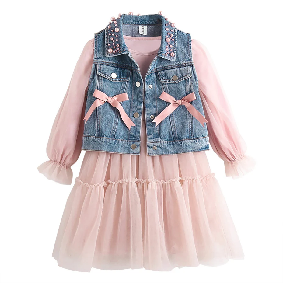 

Girls Clothes Suit Pearl Neck Denim Vest + Mesh Dress 2 PCS Girls Set Clothes Teenager Kids Clothes 6 8 10 12 13 14 year