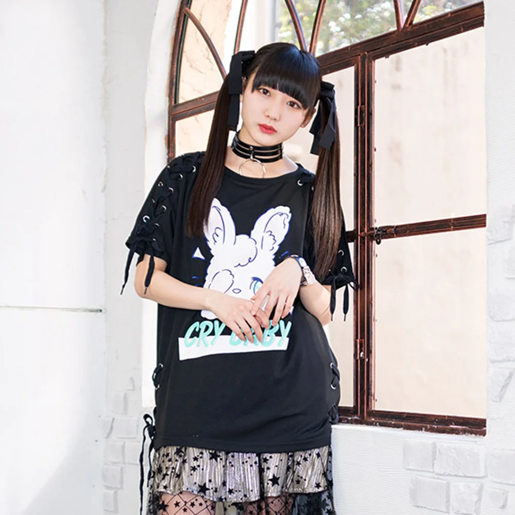 Lychee Girls Cry Rabbit футболки на шнуровке женские с коротким рукавом и круглым вырезом