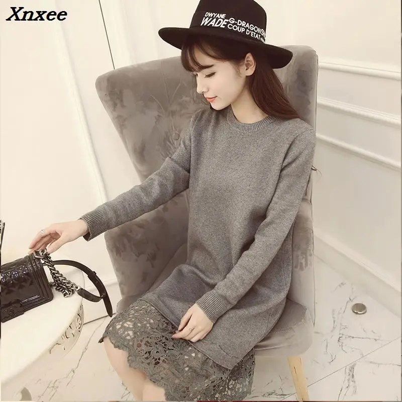 Autumn Lace Long Pullovers Sweater Women Knit Dress O-neck Winter Cashmere Sweaters Pullovers Female Slim Knitted Botting Shirt images - 6