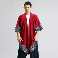 4208 red black kimono jacket men harajuku streetwear traditional chinese male kimono casual linen asymmetric coat open stitch