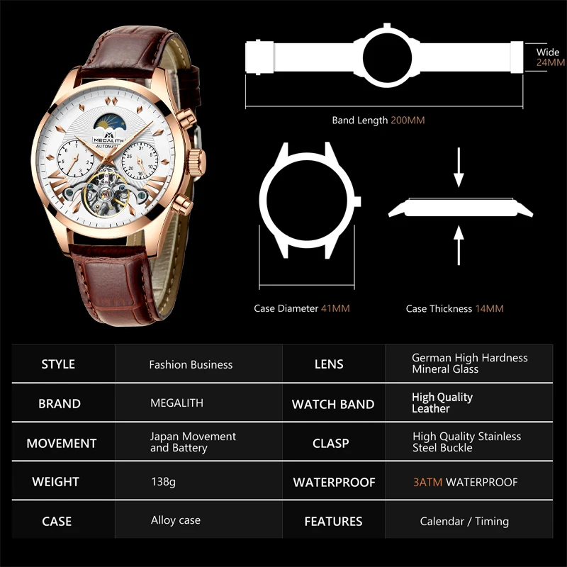 MEGALITH Модные мужские автоматические механические часы Tourbillon кожаные