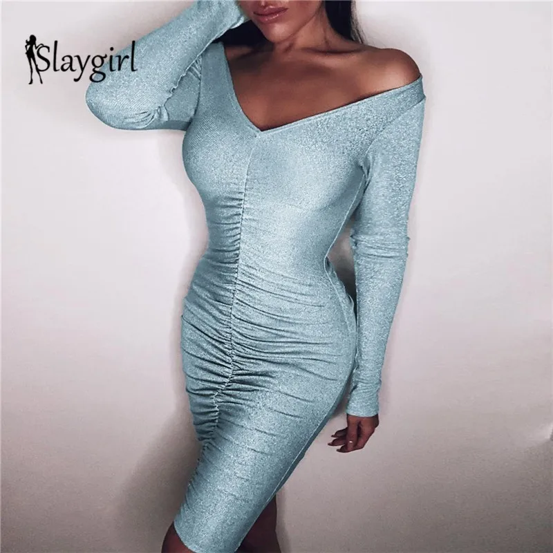 Slaygirl сексуальное летнее платье с длинным рукавом облегающее рюшами Клубная