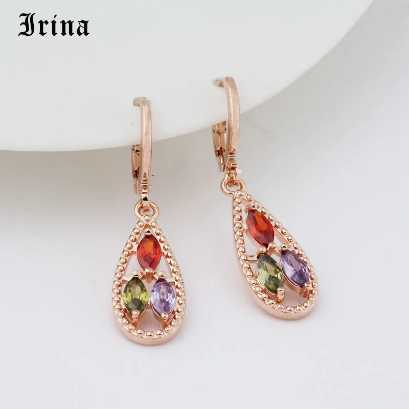

Irina 585 Horse Eye Cutting Rainbow Multicolor Cubic Zirconia Drop Earrings For Women Rose Gold Color Earring Jewelry