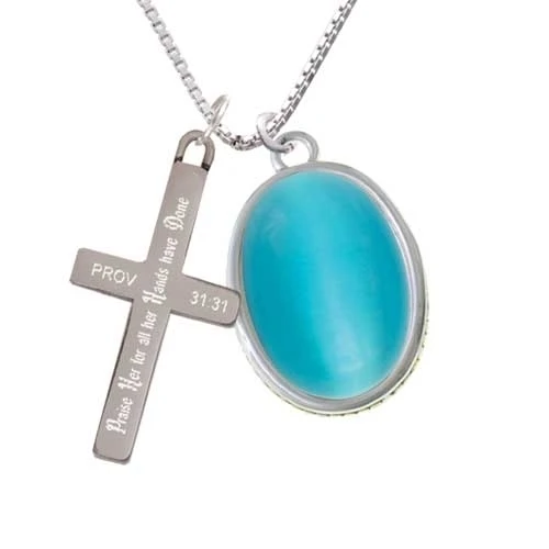 Oval - Imitation Cat's Eye Dark Teal Praise Her Cross Necklace | Украшения и аксессуары