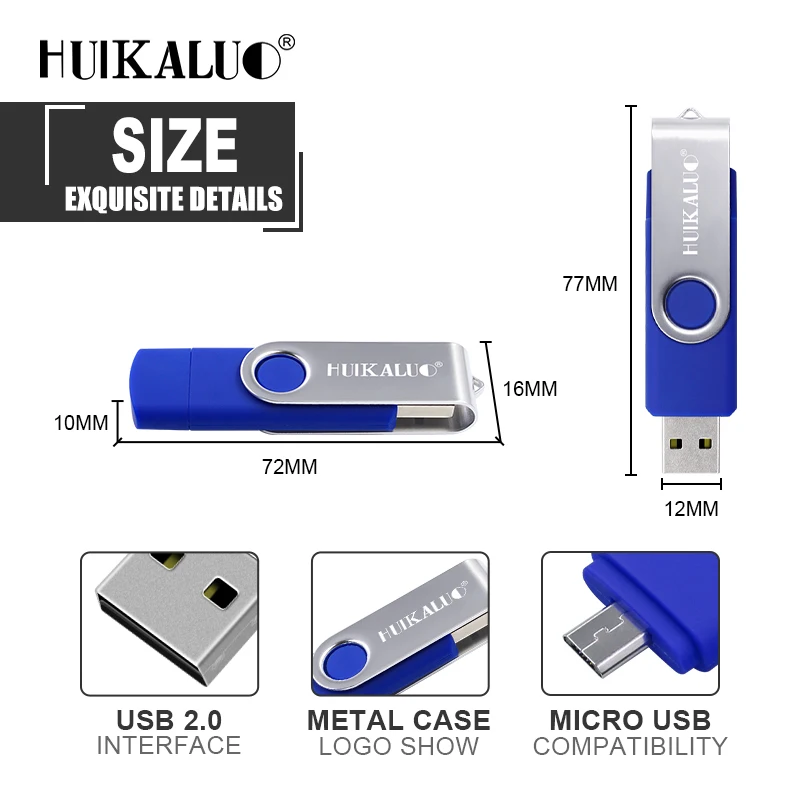 Металлический флеш-накопитель Huikaluo USB OTG 64 ГБ 32 мини-накопитель для