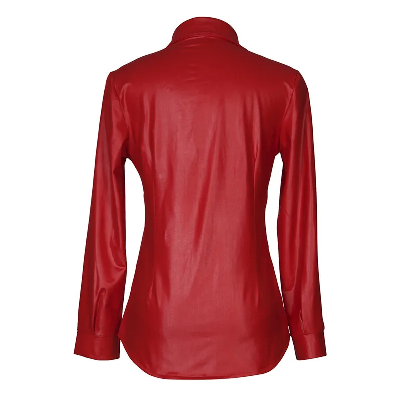 Fashion PU Leather Shirt for Women Spring Autumn Solid Black/Red Single-breasted Long Sleeve with Pockets | Женская одежда