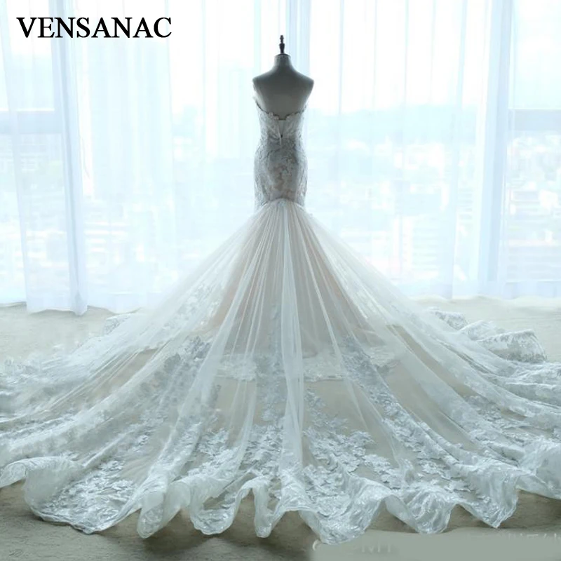 

VENSANAC Elegant Strapless Lace Appliques Mermaid Wedding Dresses Off The Shoulder Backless Court Train Bridal Gowns