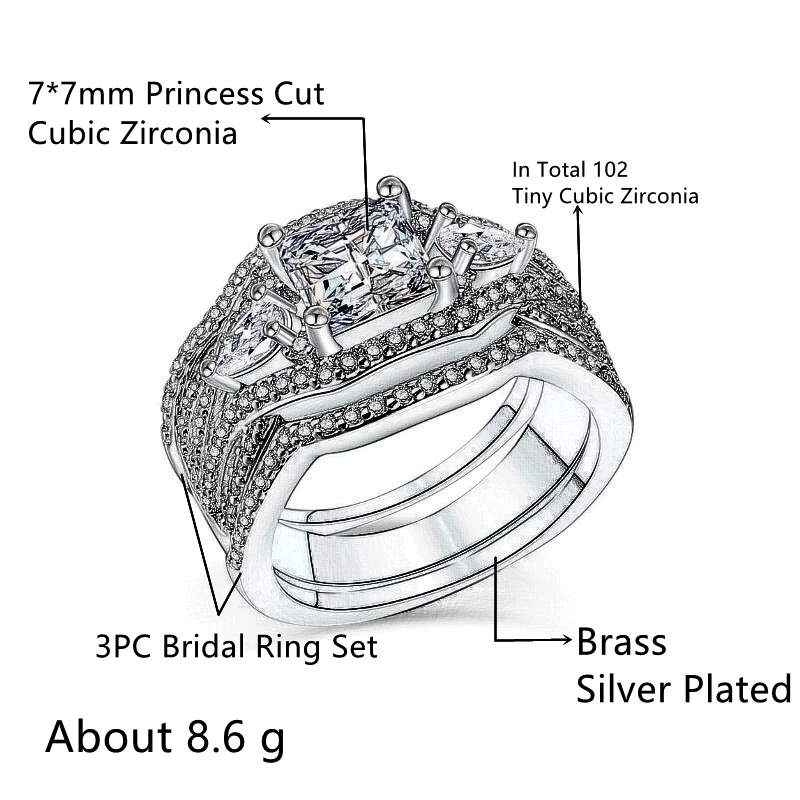 

Huitan Luxury 3PC Wedding Band Ring Set with Marquise Cut Cubic Zirconia Silver Plated Couple Band Rings Lover Gift for Women