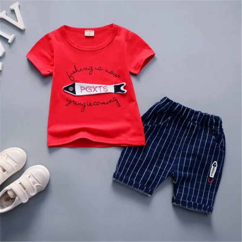 2019 New Baby Kids Clothes Set 2pc/Set Short Sleeves Tshirt White Yellow Red T-Shirt Tops Blue Pants Born Clothing |