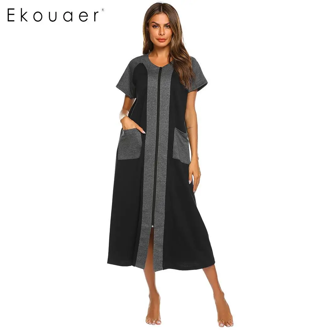 Ekouaer, летнее Ночное платье, женская сорочка, ночная рубашка с круглым вырезом, короткий рукав, контрастный цвет, прямая ночная рубашка, домашняя одежда
