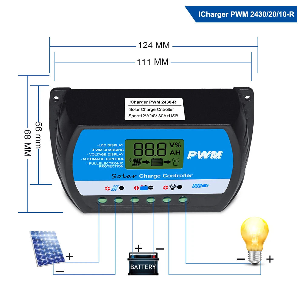 Контроллер заряда 30A 20A 10A регулятор напряжения ШИМ солнечный PV контроллер