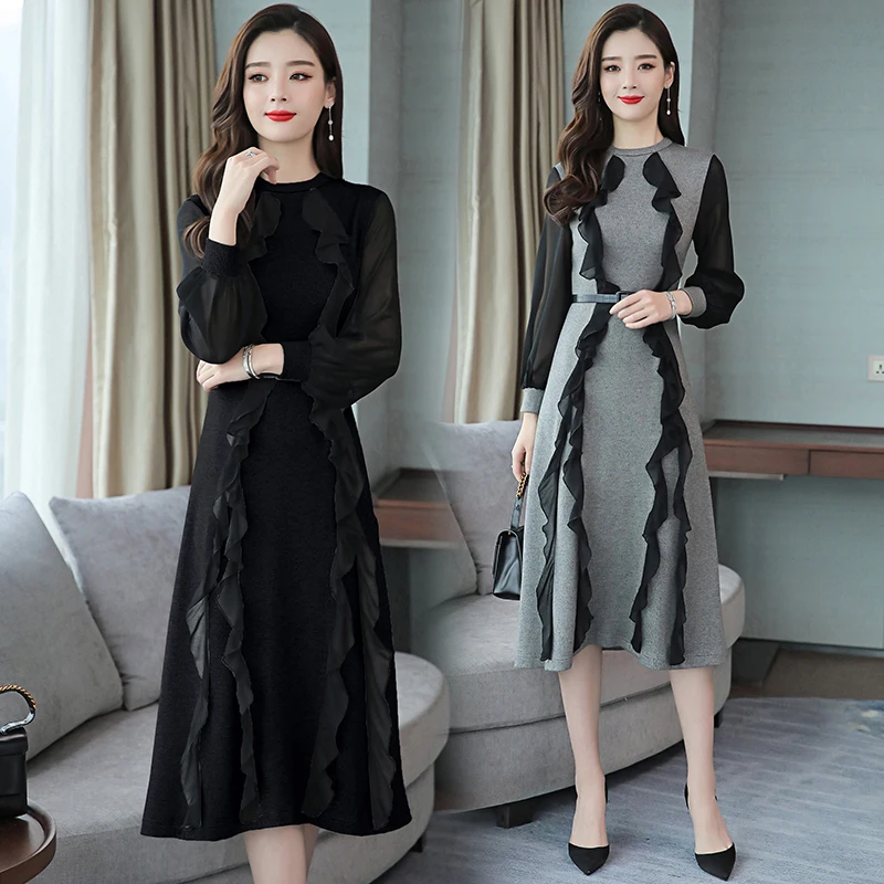 2019 весенне осеннее модное женское шифоновое лоскутное вязаное платье винтажное