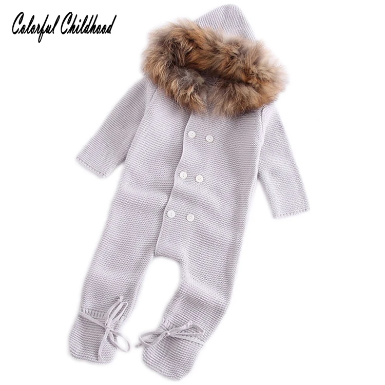 

Newborn Infant Girl Boys Romper Faux Fur Hooded Long Sleeve New Born Baby Clothes Autumn Winter Knitting Children Clothing 6-24m