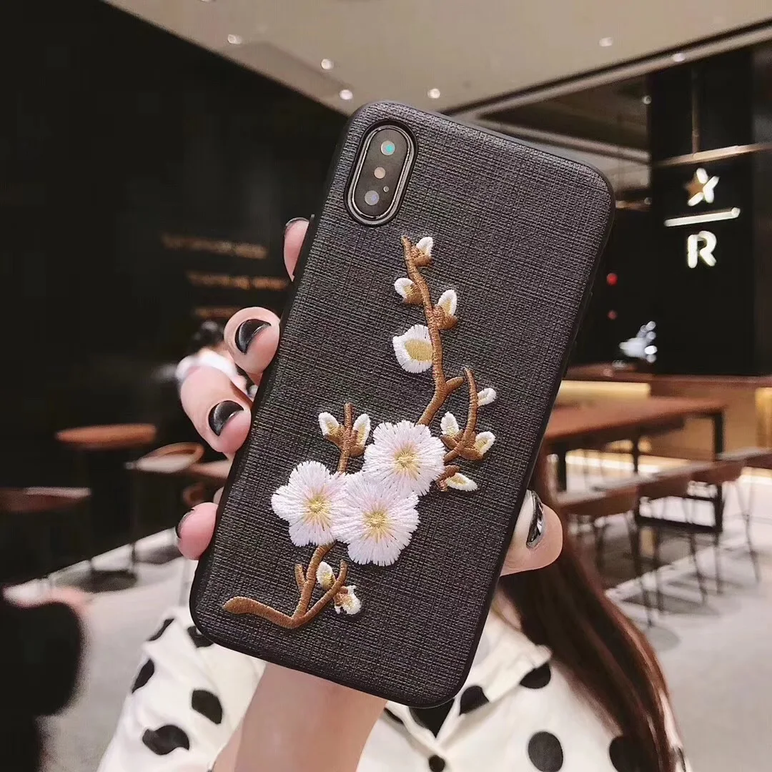 Роскошная вышивка 3D цветок чехол для iphone 7 8 Plus китайские сливы чехлы телефонов с