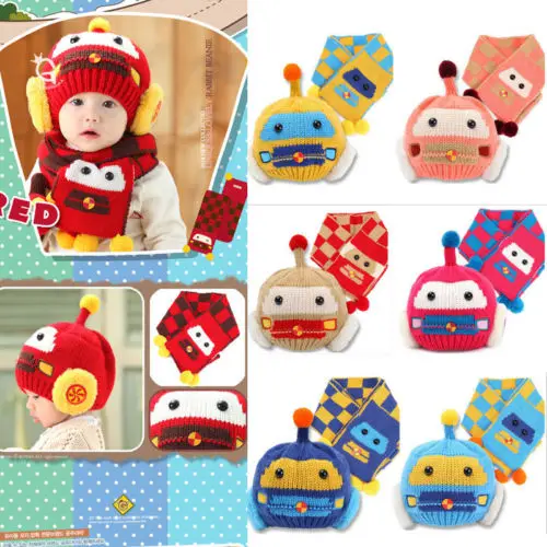 2018 New Toddler Kids Girl&ampBoy Baby Infant Winter Warm Cartoon Pattern Crochet Knit Hat Beanie Cap Scarf Set 6-36M | Детская одежда