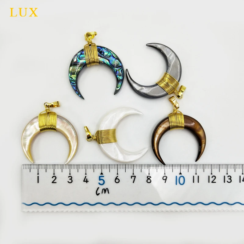 Crescent Moon Pendants Double Horn Pendant With Electroplated Gold Edges Charms wire wrap natural shell jewelry | Украшения и