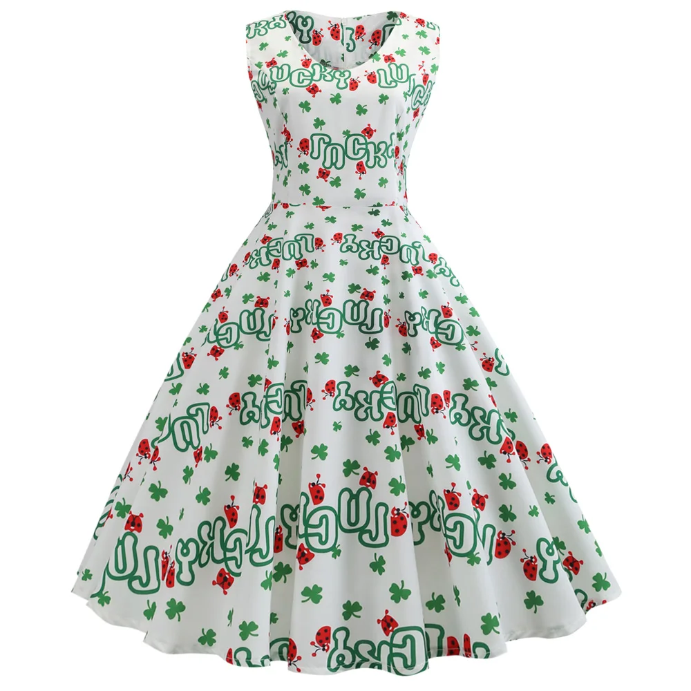 Joineles Vintage V-Neck Pinup Women Dress Swing Clover Printing Evening Party Sleeveless Rockabilly Retro Wear 2XL | Женская одежда