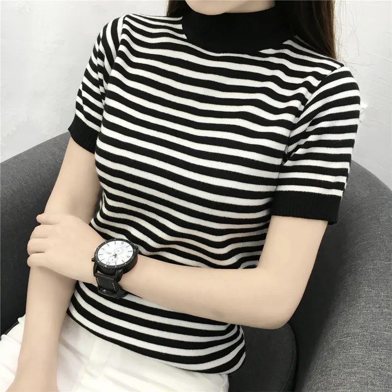 summer sweater black white stripe short sleeve thin Sweater Women Casual basic Knit Pullovers slim female Cashmere 2019 | Женская одежда