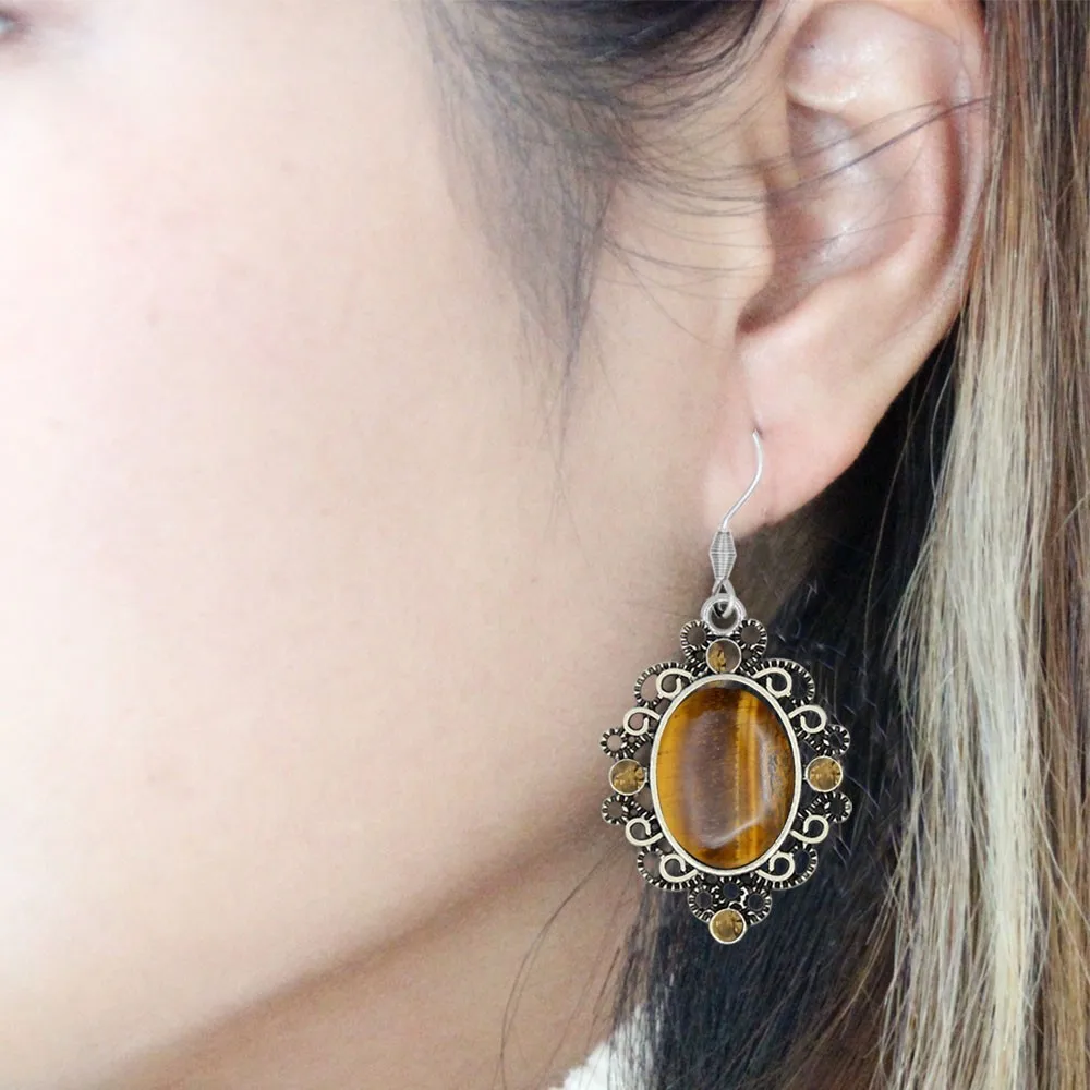 Tiger Eyes Natural Stone Crystal Necklace Earrings Jewelry Sets Vintage Look Antique Silver Plated Fashion TS464|Ювелирные наборы| |