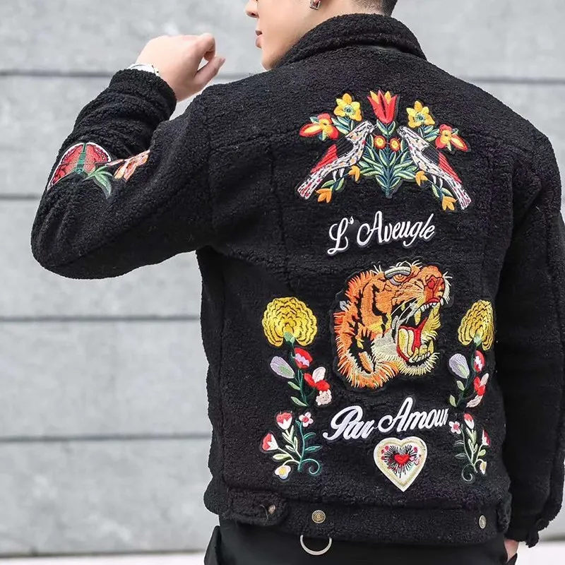 Мужская куртка из овечьей шерсти Erkek Mont модная с вышивкой в виде головы тигра