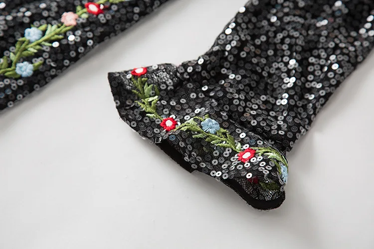 

Dinner Party Dress Office Lady New Flare Sleeve Flash Sequins Mesh Embroidery Flower Elegant Fishtail Dresses Black Young Woman