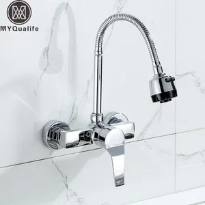 Настенный смеситель для кухни с одной ручкой, хромированный гибкий шланг, смесители для кухни с двумя отверстиями, бесплатная доставка