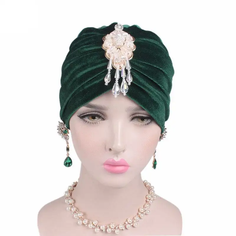 Винтажная женская мусульманская шапка бархатный тюрбан Стразы с подвеской