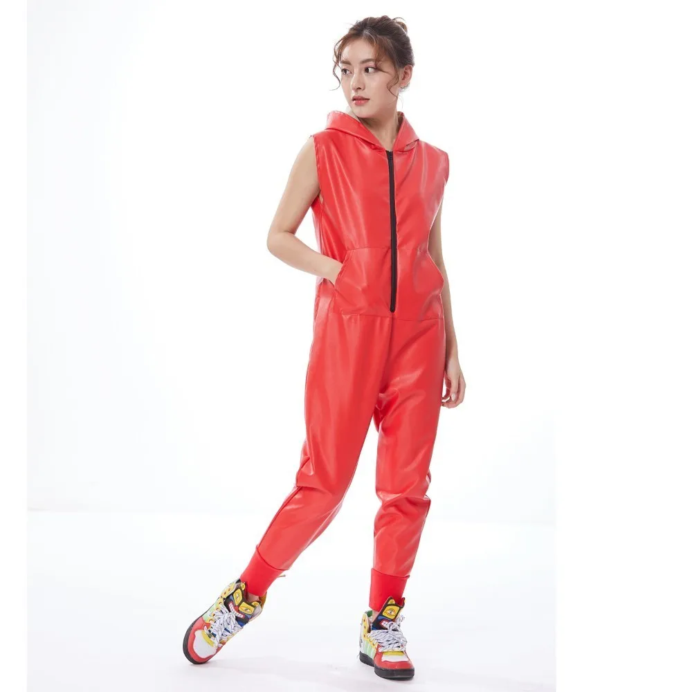 

2019 Hip Hop Dance Costume Stage Performance Wear European Loose Harem Jazz Kids Adult Red Faux Leather Jumpsuit One Piece Pants