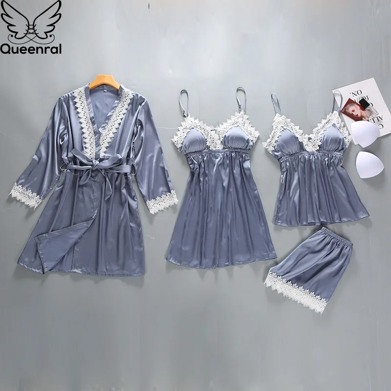 Queenral 4 шт. пижамный комплект атласные пижамы женские с нагрудники Pijama длинным